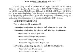 Ủy ban nhân dân phường Thiên Hương, thành phố Hải Phòng thông báo về việc tuyển dụng viên chức các đơn vị sự nghiệp công lập thuộc phường năm 2025